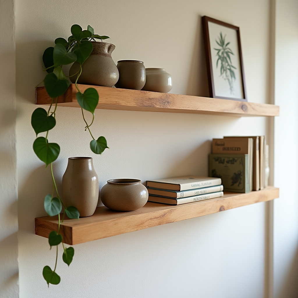 Rafturi DIY din lemn natural montate pe perete alb, cu plante și obiecte decorative