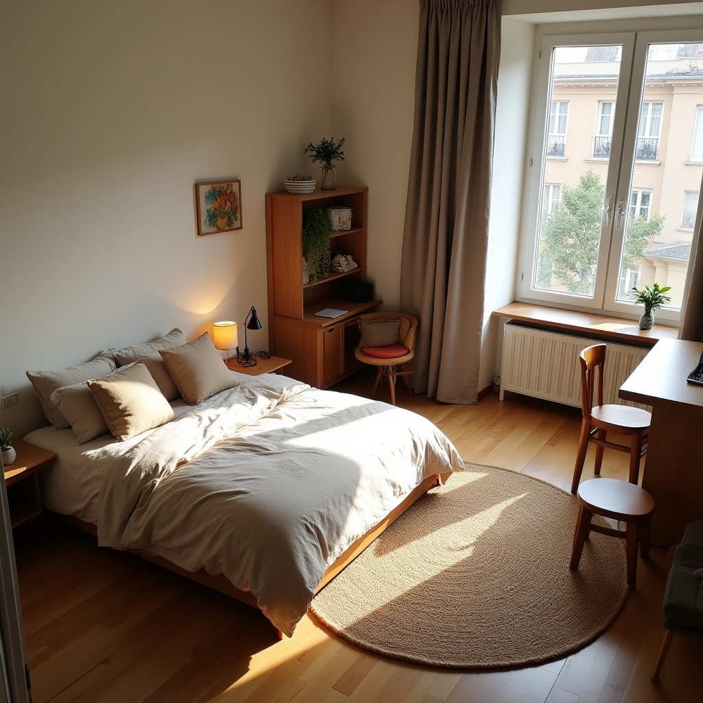 Garsonieră amenajată cu zonare clară prin mobilier, pat, birou și living distinct