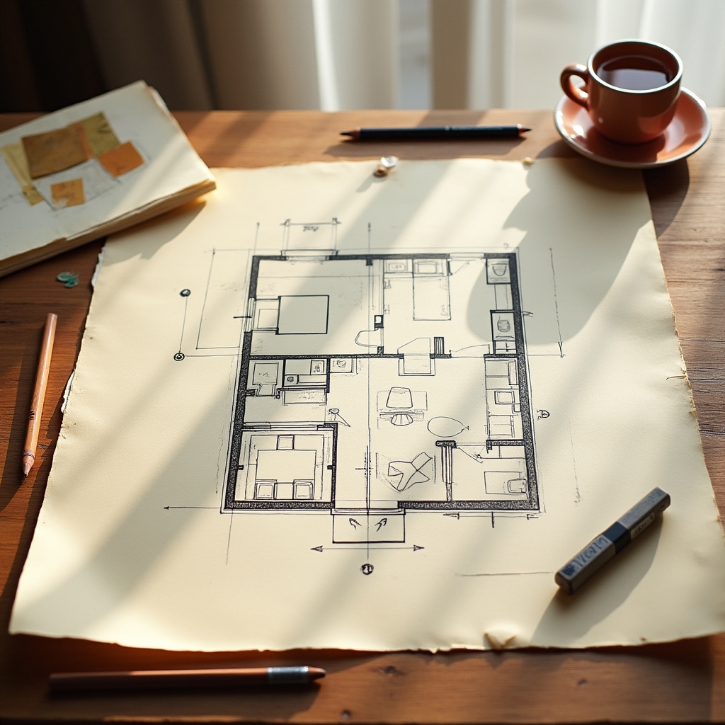 Plan de amenajare a mobilierului într-un apartament mic, văzut de sus