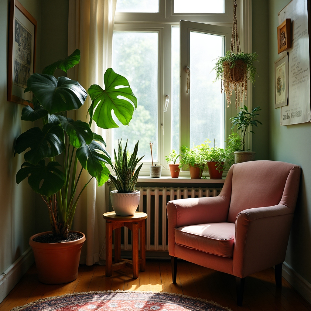 Plante de interior aranjate pe pervaz și pe podea lângă un fotoliu vintage într-un apartament luminos